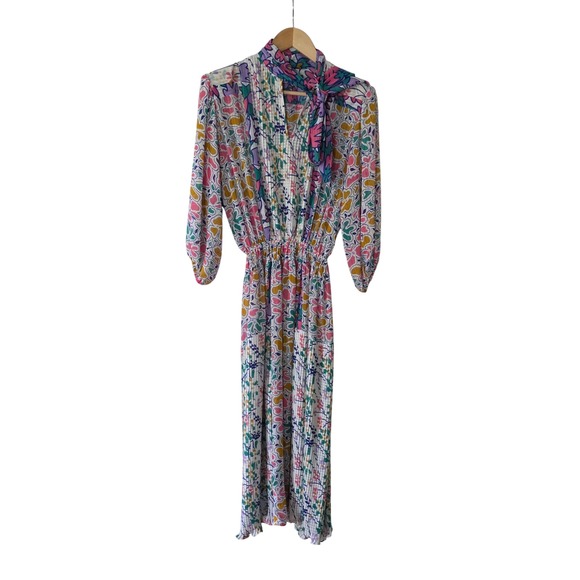 Vintage Dresses & Skirts - Vintage 80's Mosaic Floral Mixed Print Pleated Sheer Midi Dress Small Vivid Fun